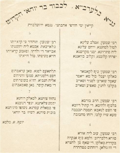 Song in dialectal Arabic language, "Gheinia-bel-arbia", presented in Hebraic characters and dedicated to Rabbi Shimon Bar -Yohai by my grandfather R.Yossef Malka